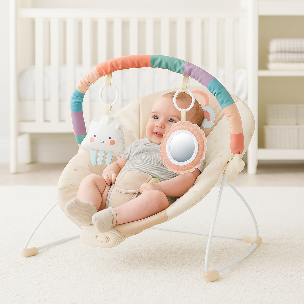 Baby relaxing in Jumini bouncer chair with soft plush materials