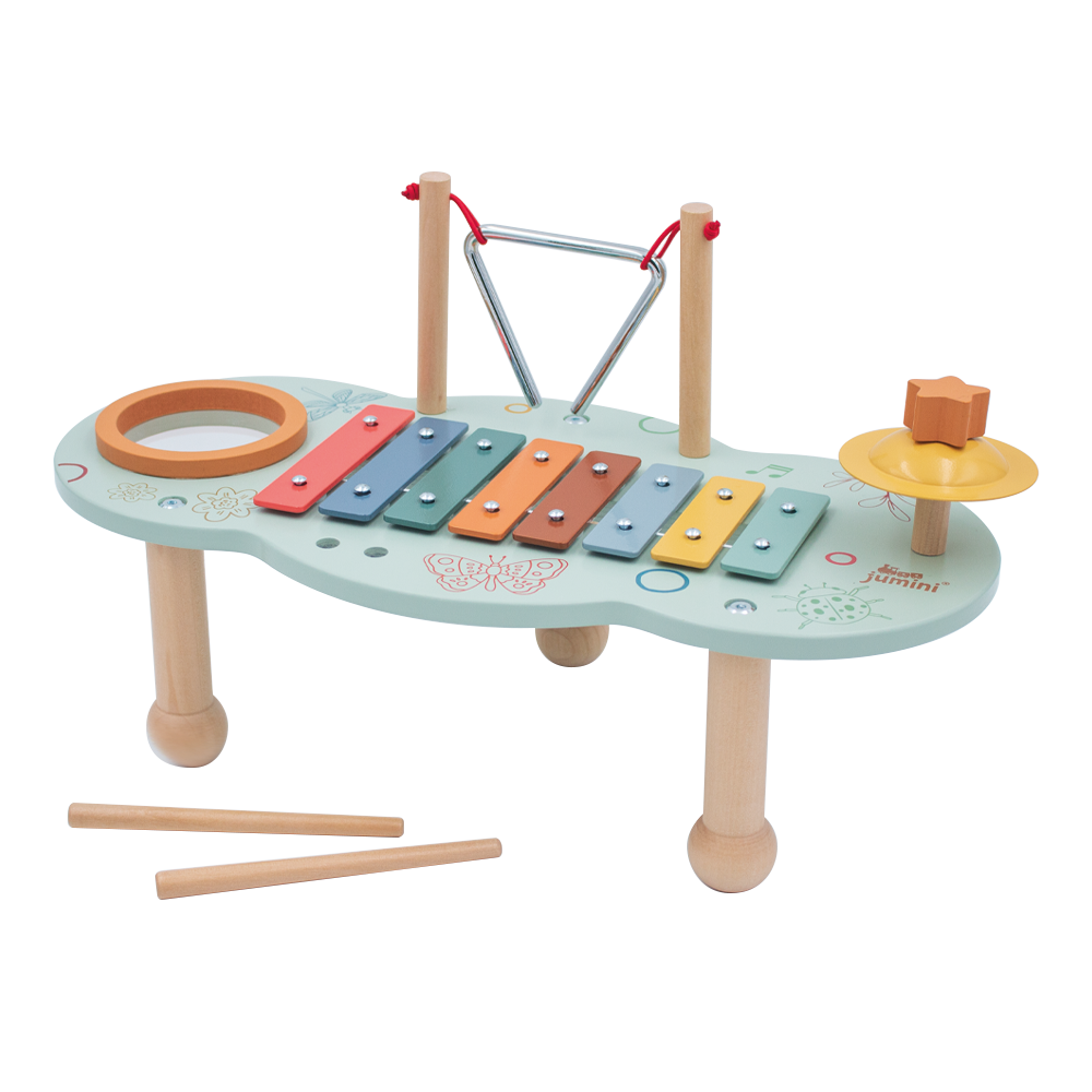 Wooden music table for babies with xylophone drum and cymbal